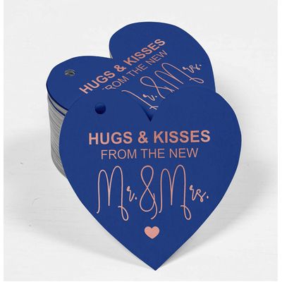 Tags de Papel para Lembrancinhas de Casamento 'Abraços e Beijos de', Pendentes com Acabamento Metalizado - Inkdotpot 50 Etiquetas Metalizadas / Azul - Ouro Rosé