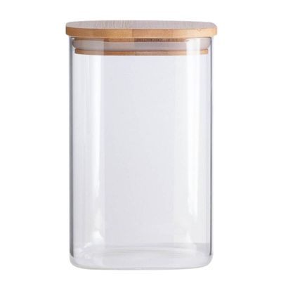 Pote de Vidro Hermético 1100ml Tampa Bambu Quadrado Oikos Borea para Mantimentos Condimentos