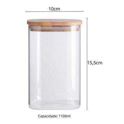 Pote de Vidro Hermético 1100ml Tampa Bambu Quadrado Oikos Borea para Mantimentos Condimentos
