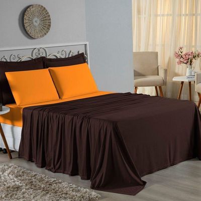 Jogo De Cama Casal Nobre 4 Peças Lençol Com Elástico De 30cm De Altura Malha 100% Algodão - Marrom / Laranja