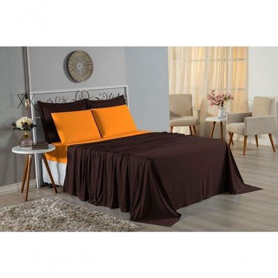 Jogo De Cama Casal Nobre 4 Peças Lençol Com Elástico De 30cm De Altura Malha 100% Algodão - Marrom / Laranja