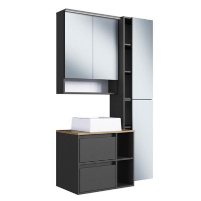 Conjunto Gabinete p/ Banheiro Suspenso 96cm c/ 4 Peças Iluminação em Led e Cuba Branca Cor Mel/Graf.