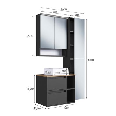 Conjunto Gabinete p/ Banheiro Suspenso 96cm c/ 4 Peças Iluminação em Led e Cuba Branca Cor Mel/Graf.