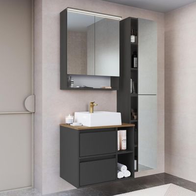 Conjunto Gabinete p/ Banheiro Suspenso 96cm c/ 4 Peças Iluminação em Led e Cuba Branca Cor Mel/Graf.