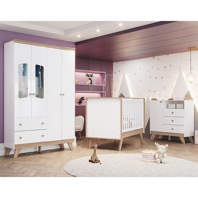 Dormitório Infantil Confete Com Guarda Roupa, Cômoda E Berço Branco-jequitibá - Móveis Henn Branco-jequitibá