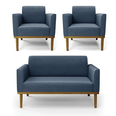 Sofá Namoradeira Com 2 Poltronas Base De Madeira Fixa Castanho Marisa Suede D03 - D?rossi Cor Azul Marinho