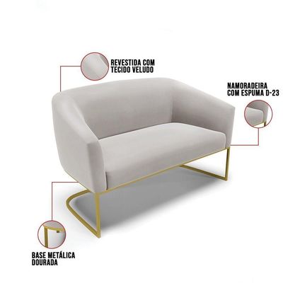 Sofá Namoradeira 2 Lugares Base Industrial Dourado Stella Veludo D03 - D'rossi Cor Cinza