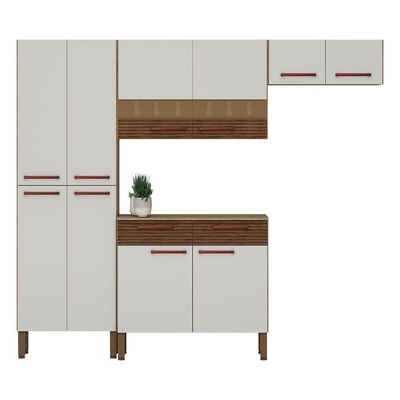 Armário Cozinha Compacta Nala Nogueira/off White/cpripado 8Portas 2Gavetas Balcão C/Tampo KitsParaná