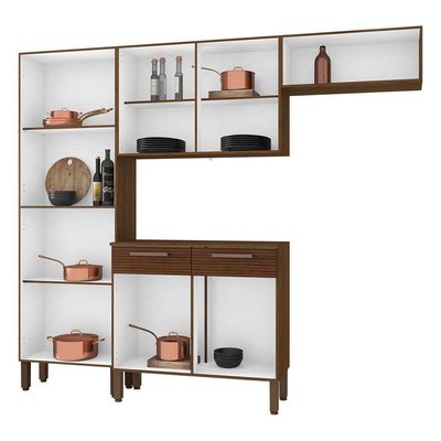 Armário Cozinha Compacta Nala Nogueira/off White/cpripado 8Portas 2Gavetas Balcão C/Tampo KitsParaná
