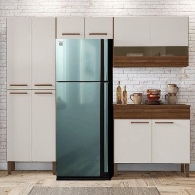 Armário Cozinha Compacta Nala Nogueira/off White/cpripado 8Portas 2Gavetas Balcão C/Tampo KitsParaná