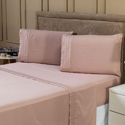 Jogo De Cama Lençol King Harmony Bordado Geométrico Percal 300 Fios Com Fronhas 04 Peças - Toque Acetinado Cor Rosê