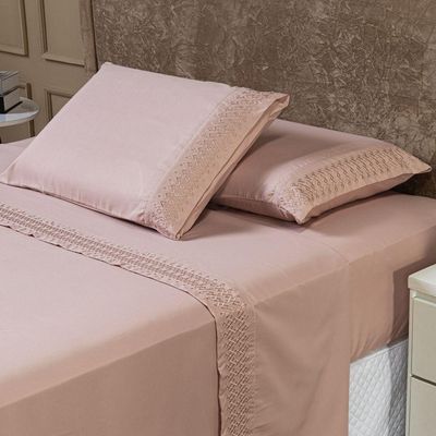 Jogo De Cama Lençol King Harmony Bordado Geométrico Percal 300 Fios Com Fronhas 04 Peças - Toque Acetinado Cor Rosê