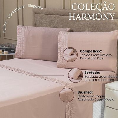 Jogo De Cama Lençol King Harmony Bordado Geométrico Percal 300 Fios Com Fronhas 04 Peças - Toque Acetinado Cor Rosê