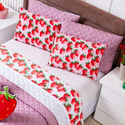 Jogo De Cama Lençol Solteiro Morangos Branco Com Fronha E Virol Estampados 03 Peças - Tecido Percal 200 Fios