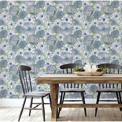 Papel de Parede Autoadesivo Estampa Flores de Pêssego Pastel Verde Vinílico Impermeável Removível para Inquilinos Quarto/Sala - S4sassy 63,5 cm (L) × 152,4 cm (C) / Verde - Vinil Texturizado