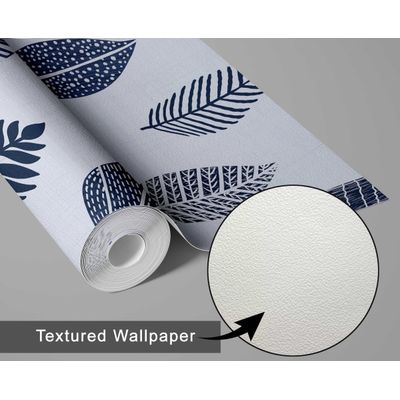 Papel de Parede Autoadesivo Removível com Estampa de Folhas Azuis Estilizadas, Destaque para Entrada e Decoração de Escritório - S4sassy 63,5 cm (L) × 914,4 cm (C) / Azul - Vinil Texturizado