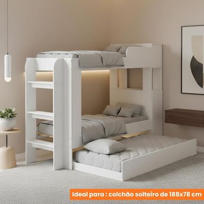 Treliche Com Cama Auxiliar Adulto Baú Superior Escadas Armário 1 Porta Prateleiras Internas Branco