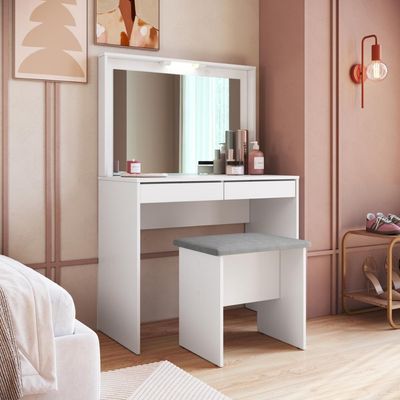 Penteadeira Camarin Com 2 Gavetas E Banco Estofado Branco