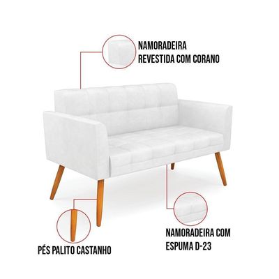 Kit 1 Sofá Namoradeira E 1 Poltrona Elisa Corano Branco Pés Palito Castanho - D'rossi