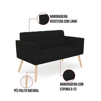 Kit 1 Sofá Namoradeira E 2 Poltronas Elisa Linho Pés Palito Natural - D'rossi Cor A79 Preto