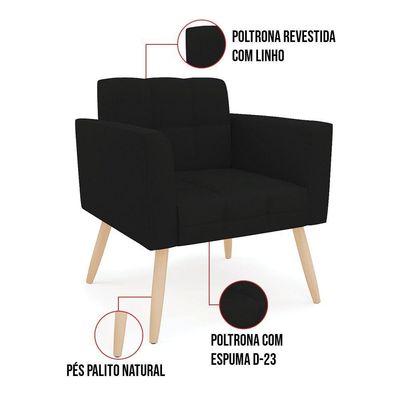 Kit 1 Sofá Namoradeira E 2 Poltronas Elisa Linho Pés Palito Natural - D'rossi Cor A79 Preto