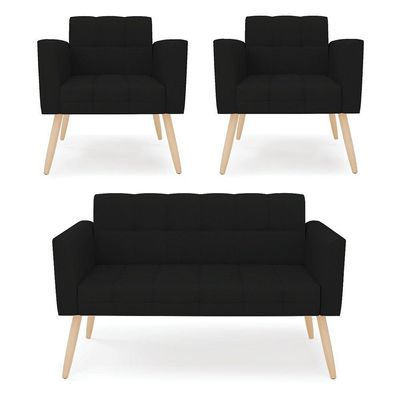 Kit 1 Sofá Namoradeira E 2 Poltronas Elisa Linho Pés Palito Natural - D'rossi Cor A79 Preto