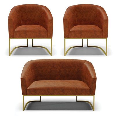 Sofá Namoradeira E 2 Poltronas Base Industrial Dourado Stella Corano Nozes D03 - D'rossi