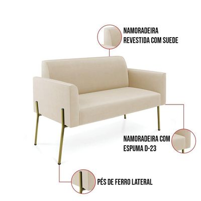 Sofá Namoradeira 2 Lugares Pé De Ferro Dourado Marisa Suede Bege D03