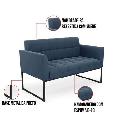 Sofá Namoradeira Elisa Suede Azul Marinho Base Metálica Industrial Preto - D'rossi
