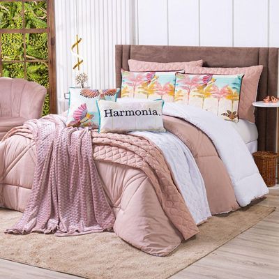 Kit Cobre Leito Colcha Queen Verano Com Almofadas Estampadas 07 Peças - Dupla Face Percal 300 Fios Matelado Cor Arara