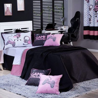 Kit Cobre Leito Colcha Solteiro Game Streamer Rosê Dupla Face Com Almofadas Estampadas 05 Peças