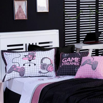 Kit Cobre Leito Colcha Solteiro Game Streamer Rosê Dupla Face Com Almofadas Estampadas 05 Peças