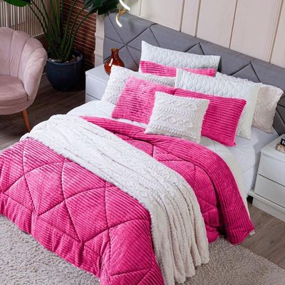 Kit Coberdrom Cobertor Queen Canelado Denver Dupla Face Com Fronhas 03 Peças - Manta Microfibra Canelada Cor Pink