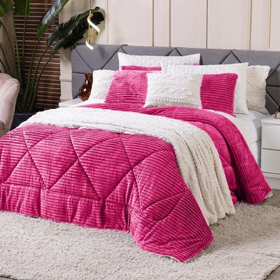 Kit Coberdrom Cobertor Queen Canelado Denver Dupla Face Com Fronhas 03 Peças - Manta Microfibra Canelada Cor Pink