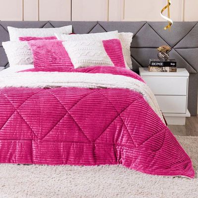 Kit Coberdrom Cobertor Queen Canelado Denver Dupla Face Com Fronhas 03 Peças - Manta Microfibra Canelada Cor Pink