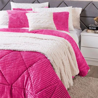Kit Coberdrom Cobertor Casal Padrão Canelado Denver Dupla Face Com Fronhas 03 Peças - Manta Microfibra Canelada Cor Pink