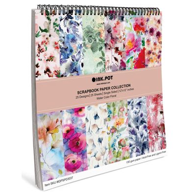 Bloco de 25 Folhas de Papel Scrapbook Floral Aquarela Lado Único Cartão Colorido para Scrapbooking DIY Fundo Decorativo Diário - Inkdotpot 30,48 Cm × 30,48 Cm / Multicolorido