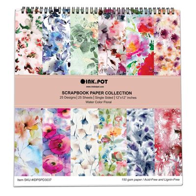 Bloco de 25 Folhas de Papel Scrapbook Floral Aquarela Lado Único Cartão Colorido para Scrapbooking DIY Fundo Decorativo Diário - Inkdotpot 30,48 Cm × 30,48 Cm / Multicolorido