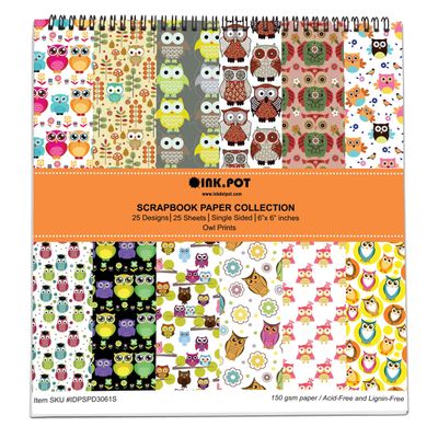 Bloco 25 Folhas Estampadas de Coruja (Lado Único) para Scrapbook - Cartão Colorido para DIY, Fundo Decor., Cartões/Diário - Inkdotpot 15,24 Cm × 15,24 Cm / Multicolorido