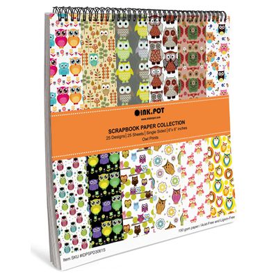 Bloco 25 Folhas Estampadas de Coruja (Lado Único) para Scrapbook - Cartão Colorido para DIY, Fundo Decor., Cartões/Diário - Inkdotpot 15,24 Cm × 15,24 Cm / Multicolorido