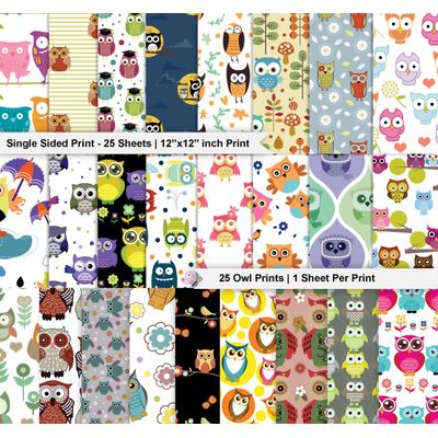 Bloco 25 Folhas Estampadas de Coruja (Lado Único) para Scrapbook - Cartão Colorido para DIY, Fundo Decor., Cartões/Diário - Inkdotpot 15,24 Cm × 15,24 Cm / Multicolorido