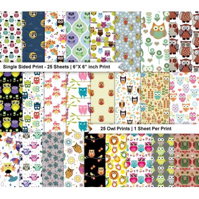 Bloco 25 Folhas Estampadas de Coruja (Lado Único) para Scrapbook - Cartão Colorido para DIY, Fundo Decor., Cartões/Diário - Inkdotpot 15,24 Cm × 15,24 Cm / Multicolorido