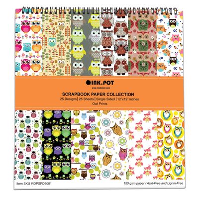 Bloco 25 Folhas Estampadas de Coruja (Lado Único) para Scrapbook - Cartão Colorido para DIY, Fundo Decor., Cartões/Diário - Inkdotpot 15,24 Cm × 15,24 Cm / Multicolorido