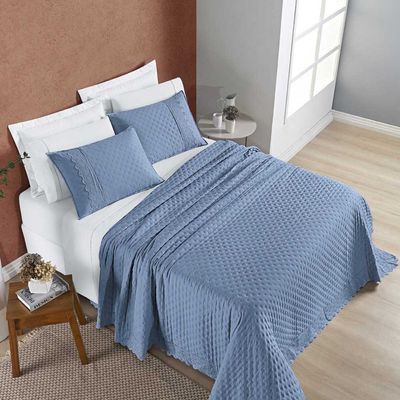 Kit Cobre Leito Colcha Nobre King 3 Peças Micropercal 200 Fios Matelado - Azul Serenity