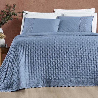Kit Cobre Leito Colcha Nobre King 3 Peças Micropercal 200 Fios Matelado - Azul Serenity