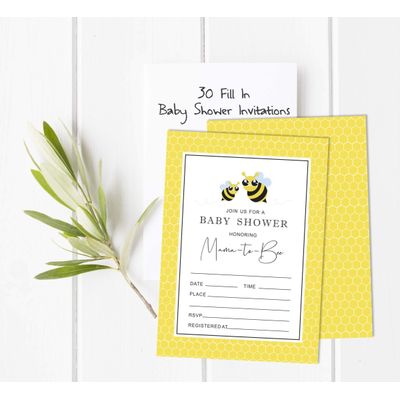 30 Cartões Neutros para Chá de Bebê Mommy Bee com Espaço para Preencher - Inkdotpot 5,08 Cm × 8,89 Cm / Amarelo - Sorteio de Fraldas