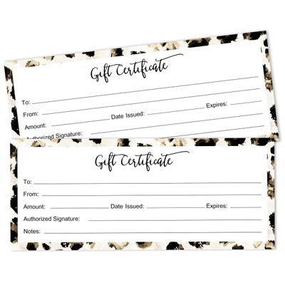 Certificados em Branco com Estampa de Pele de Animal para Negócios, Spa/Salão, Casamento, 45 Cupons DIY, 23 x 9,7 cm - Inkdotpot 22,86 Cm × 9,65 Cm / Branco