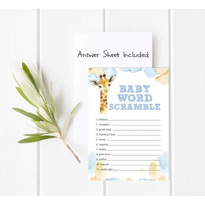 Conjunto de 50 Jogos para Chá de Bebê - Alfabeto ABC com Girafa e Animais da Selva - Inkdotpot 12,7 Cm × 17,78 Cm / Branco - Jogo de Palavras do Bebê