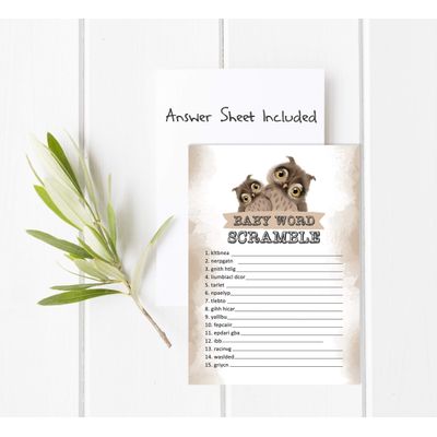 Conjunto com 50 Jogos para Chá de Bebê Jogo Alfabeto ABC Coruja Pássaro Suprimentos para Festa - Inkdotpot 12,7 Cm × 17,78 Cm / Marrom - Jogo de Palavras do Bebê