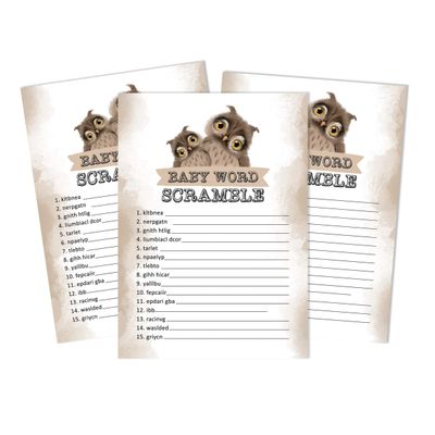 Conjunto com 50 Jogos para Chá de Bebê Jogo Alfabeto ABC Coruja Pássaro Suprimentos para Festa - Inkdotpot 12,7 Cm × 17,78 Cm / Marrom - Jogo de Palavras do Bebê